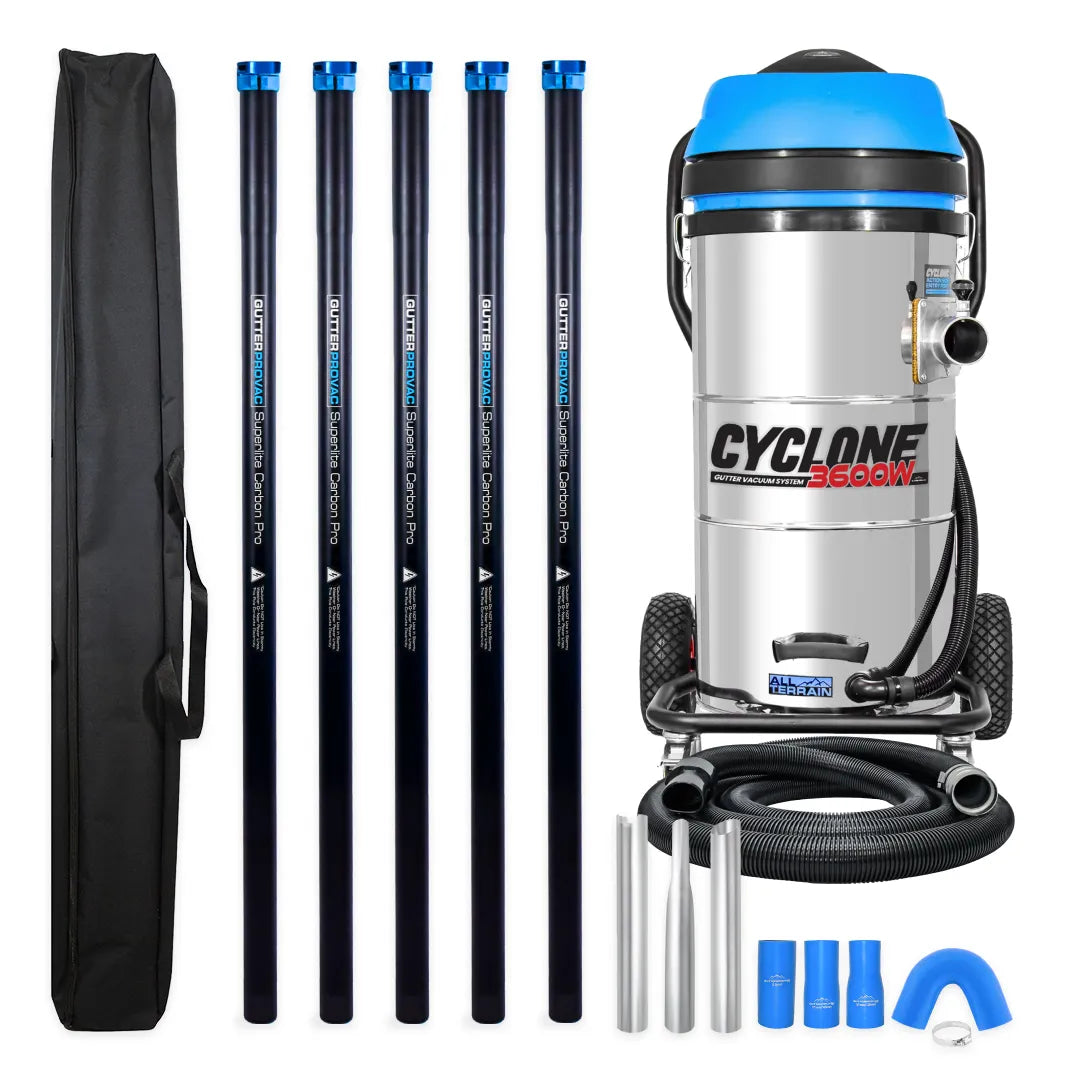 Cyclone II 3600W Stainless Steel 27 Gallon All Terrain Gutter Vacuum with 20 Foot Carbon Clamping Poles and Bag
