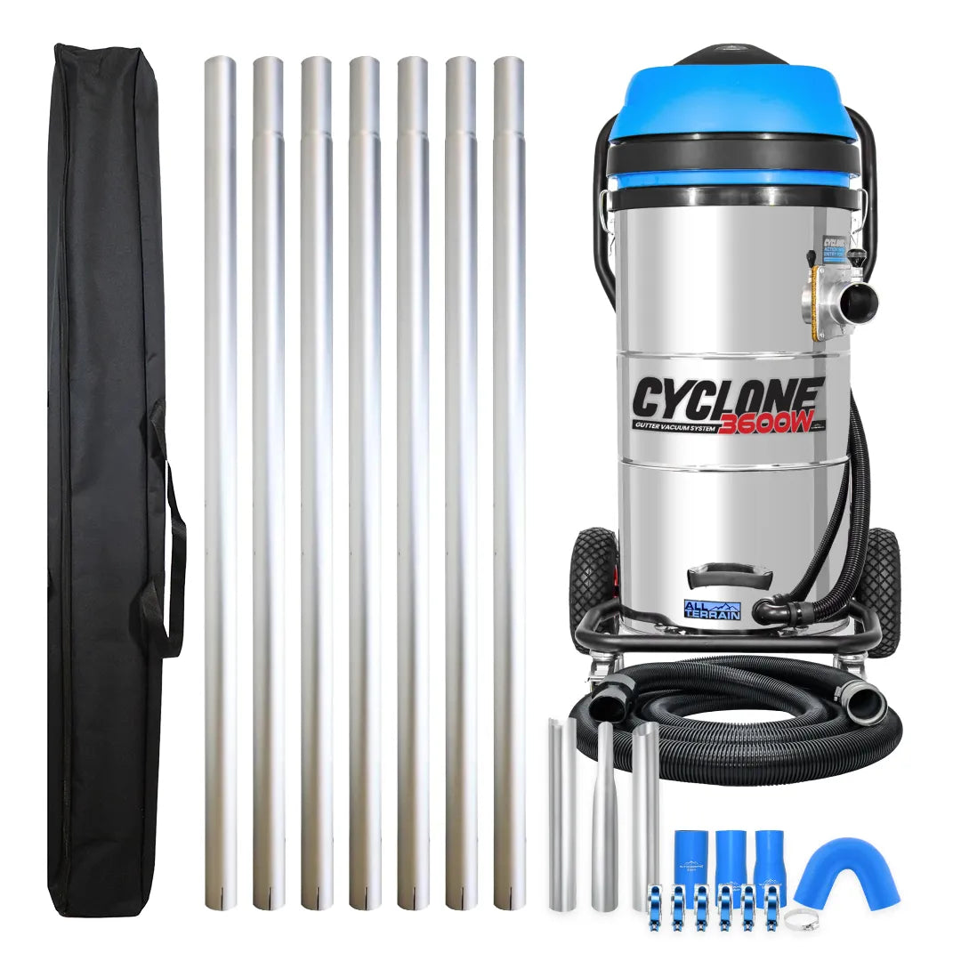 Cyclone II 3600W Stainless Steel 27 Gallon All Terrain Gutter Vacuum with 28 Foot Aluminum Poles and Bag