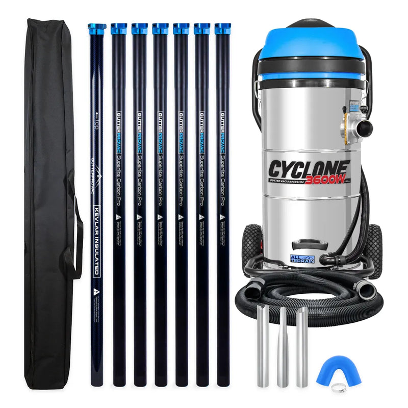 Cyclone II 3600W 27 gallon stainless steel gutter vacuum kit with seven carbon clamping poles, carry bag, hose, nozzles and U-bend