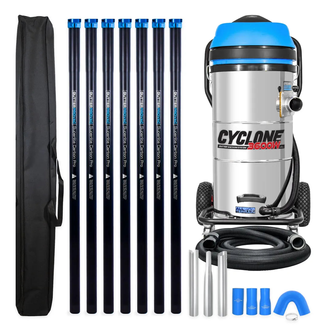 Cyclone II 3600W Stainless Steel 27 Gallon All Terrain Gutter Vacuum with 28 Foot Carbon Clamping Poles and Bag