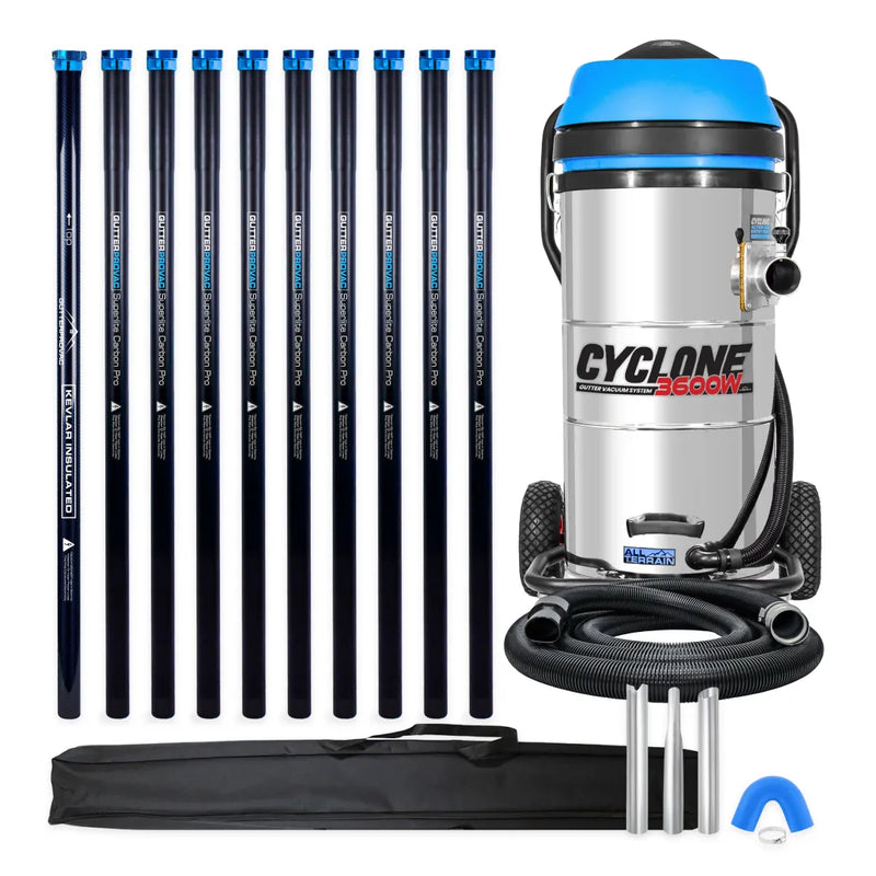 Cyclone II 3600W 27 gallon stainless steel gutter vacuum kit with ten carbon clamping poles, carry bag, hose, nozzles and U-bend