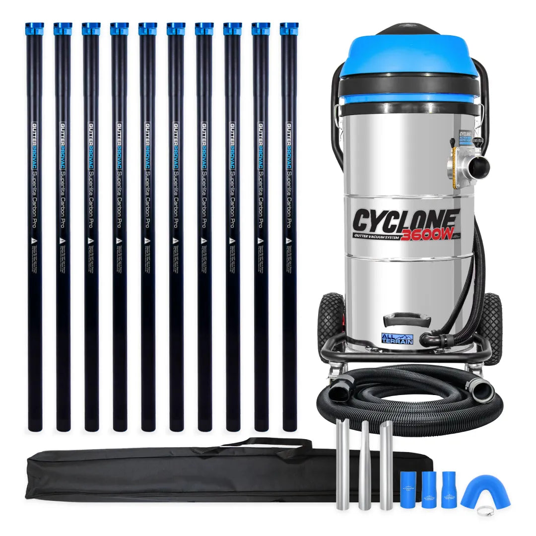 Cyclone II 3600W Stainless Steel 27 Gallon All Terrain Gutter Vacuum with 40 Foot Carbon Clamping Poles and Bag