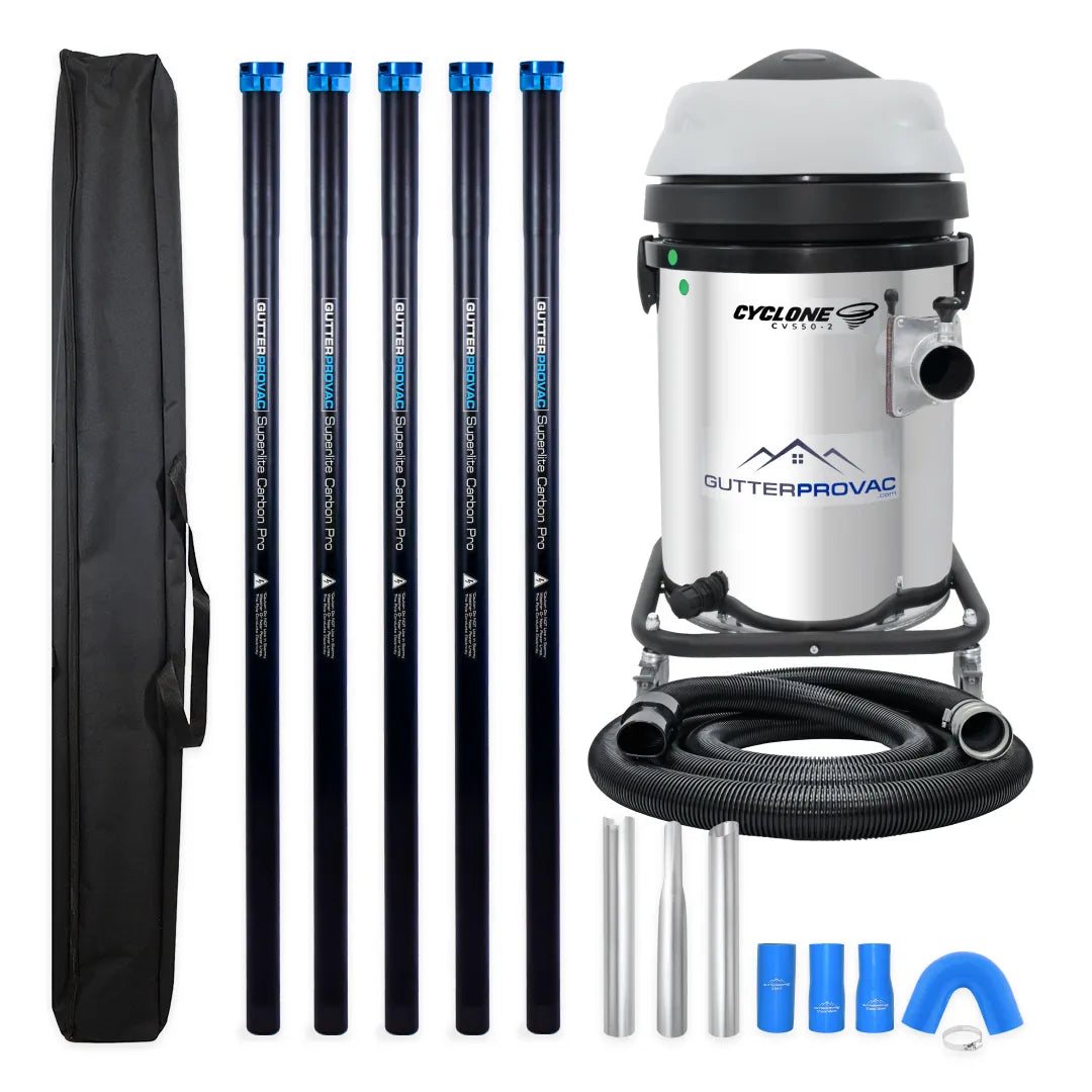 Cyclone 2200W Stainless Steel 13 Gallon Domestic 120v Gutter Vacuum with 20 Foot Carbon Fiber (Clamping) Poles and Bag
