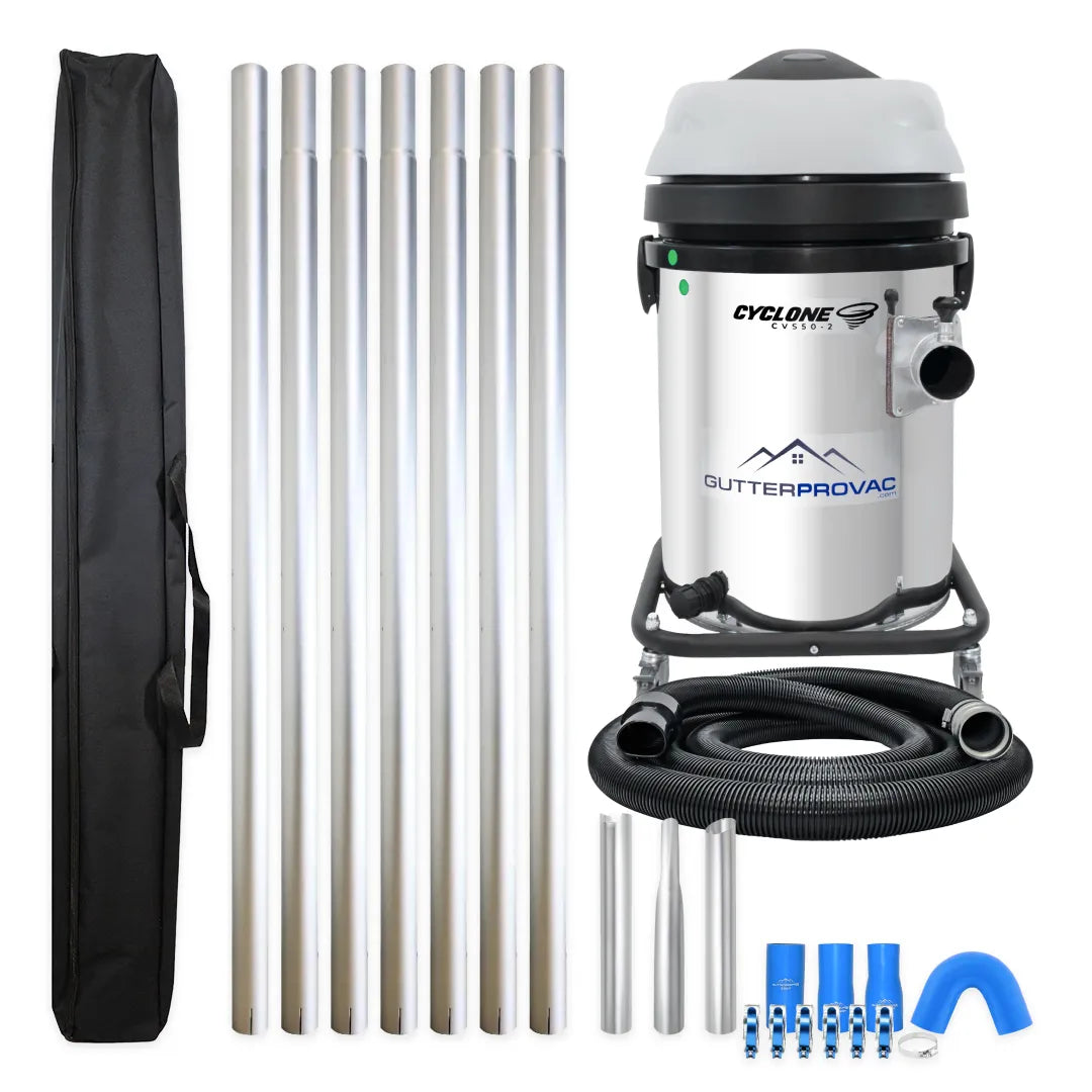 Cyclone 2200W Stainless Steel 13 Gallon Domestic 120v Gutter Vacuum with 28 Foot Aluminum Gutter Poles and Bag