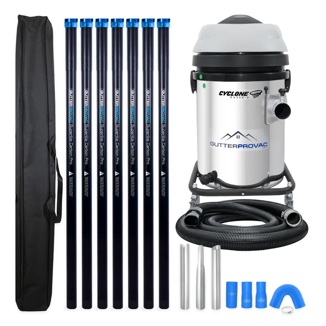 Cyclone 2200W Stainless Steel 13 Gallon Domestic 120v Gutter Vacuum with 28 Foot Carbon Clamping Poles, and Bag