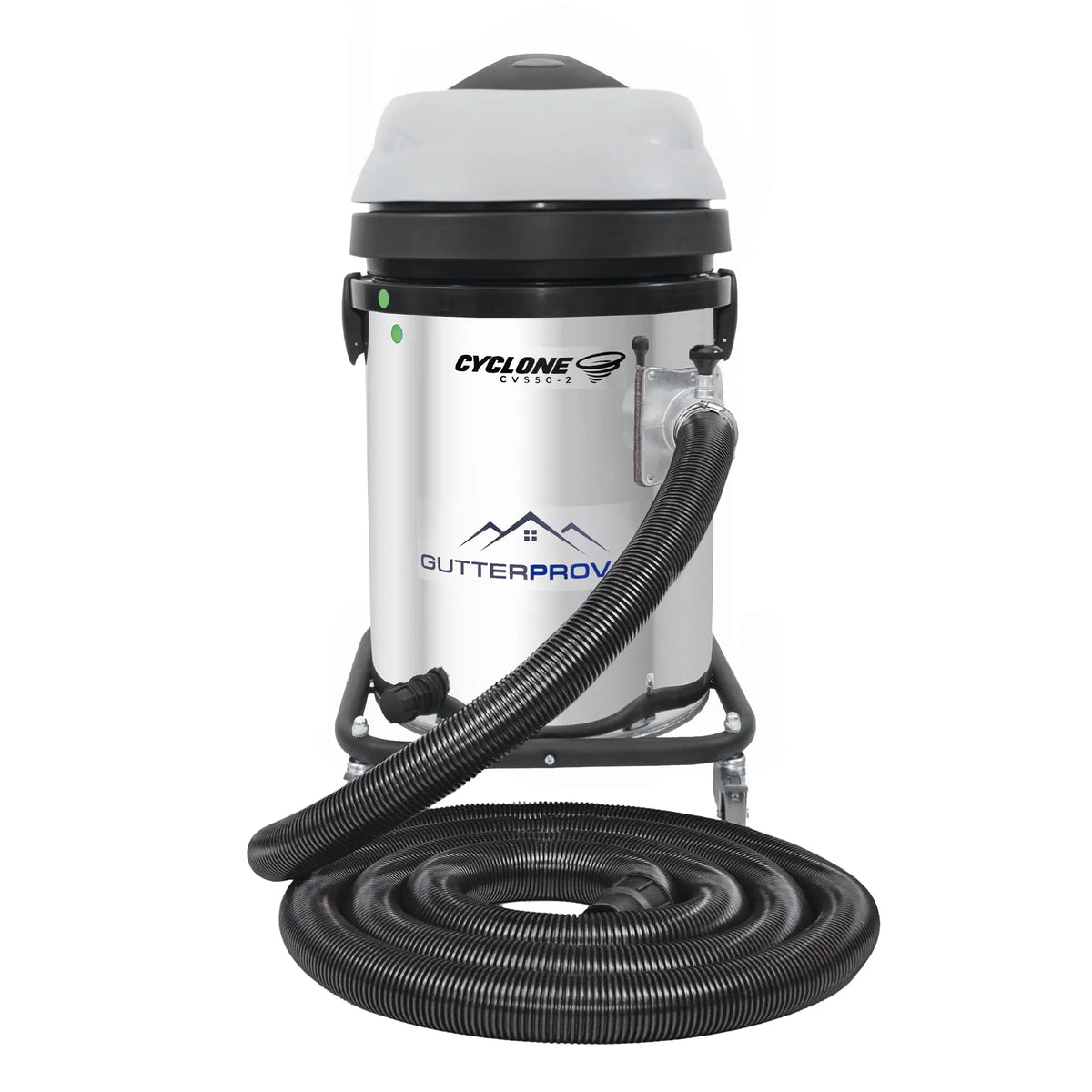 13 gallon Cyclone 2200W stainless steel residential gutter vacuum with grey dome motor cover, GutterProVac logo, side entry port and a coiled vacuum hose