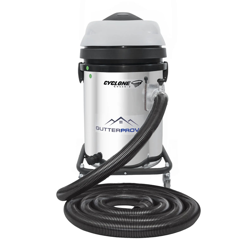 13 gallon Cyclone 2200W stainless steel residential gutter vacuum with grey dome motor cover, GutterProVac logo, side entry port and a coiled vacuum hose