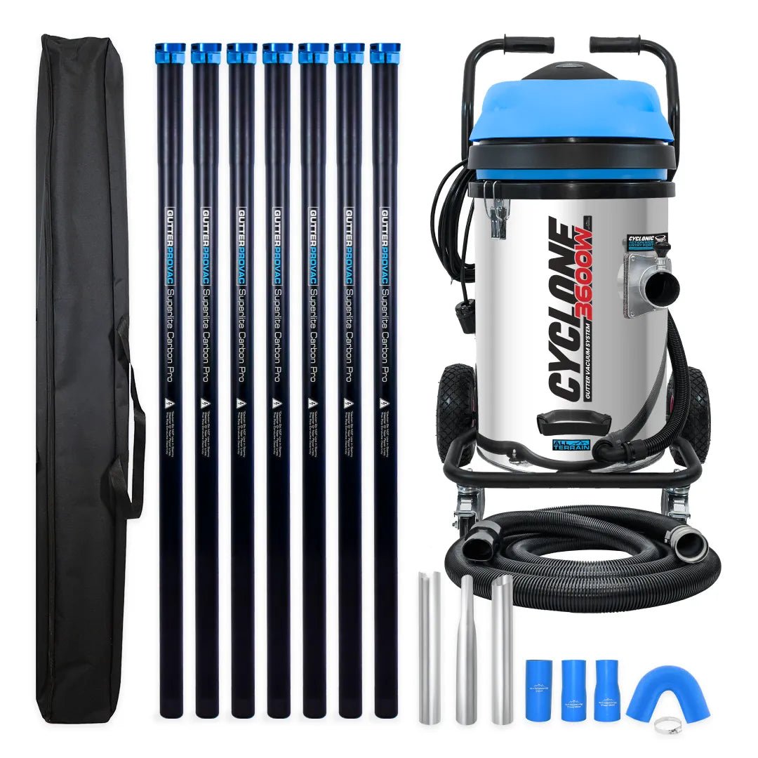 Cyclone II 3600W Stainless Steel 20 Gallon Gutter Vacuum with 28 Foot Carbon Clamping Poles and Bag