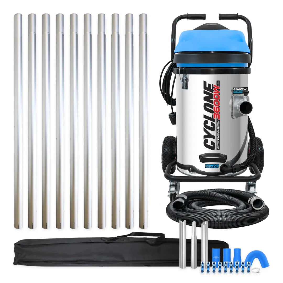 Cyclone II 3600W Stainless Steel 20 Gallon Gutter Vacuum with 40 Foot Aluminum Poles and Bag