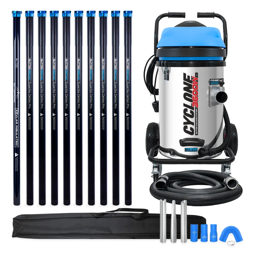 Cyclone II 20-Gallon Stainless Steel Commercial Vacuum with 40ft Kevlar and carbon fiber poles.