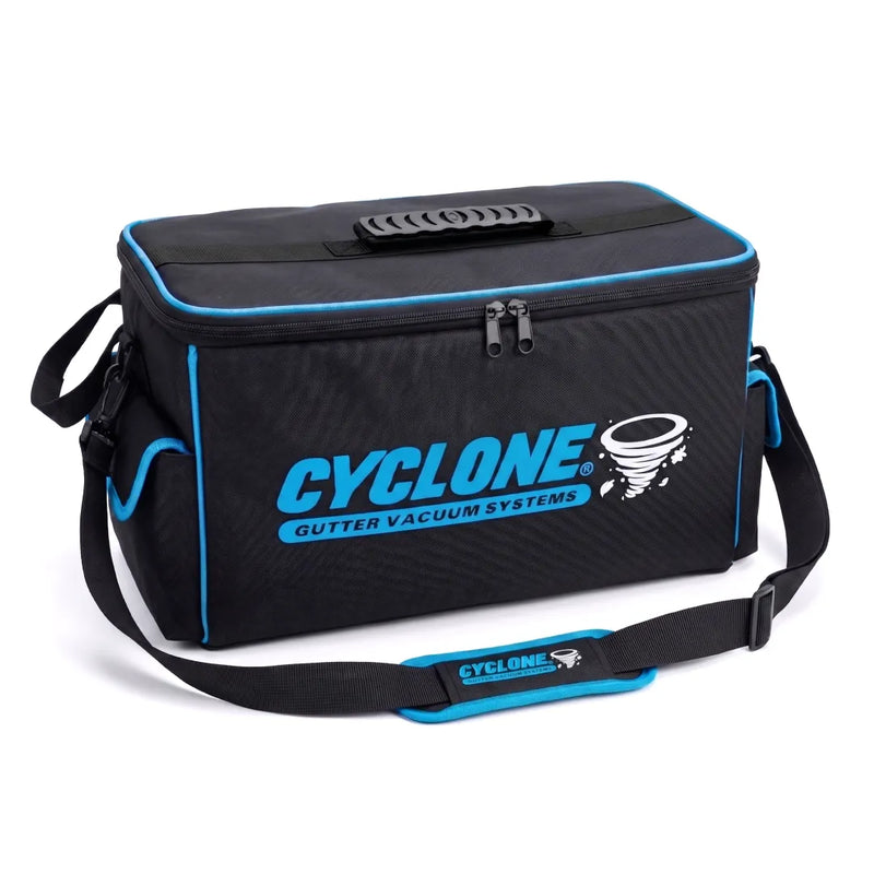 Cyclone Gutter Vacuum Systems cart bag in black with blue trim, padded shoulder strap and front logo