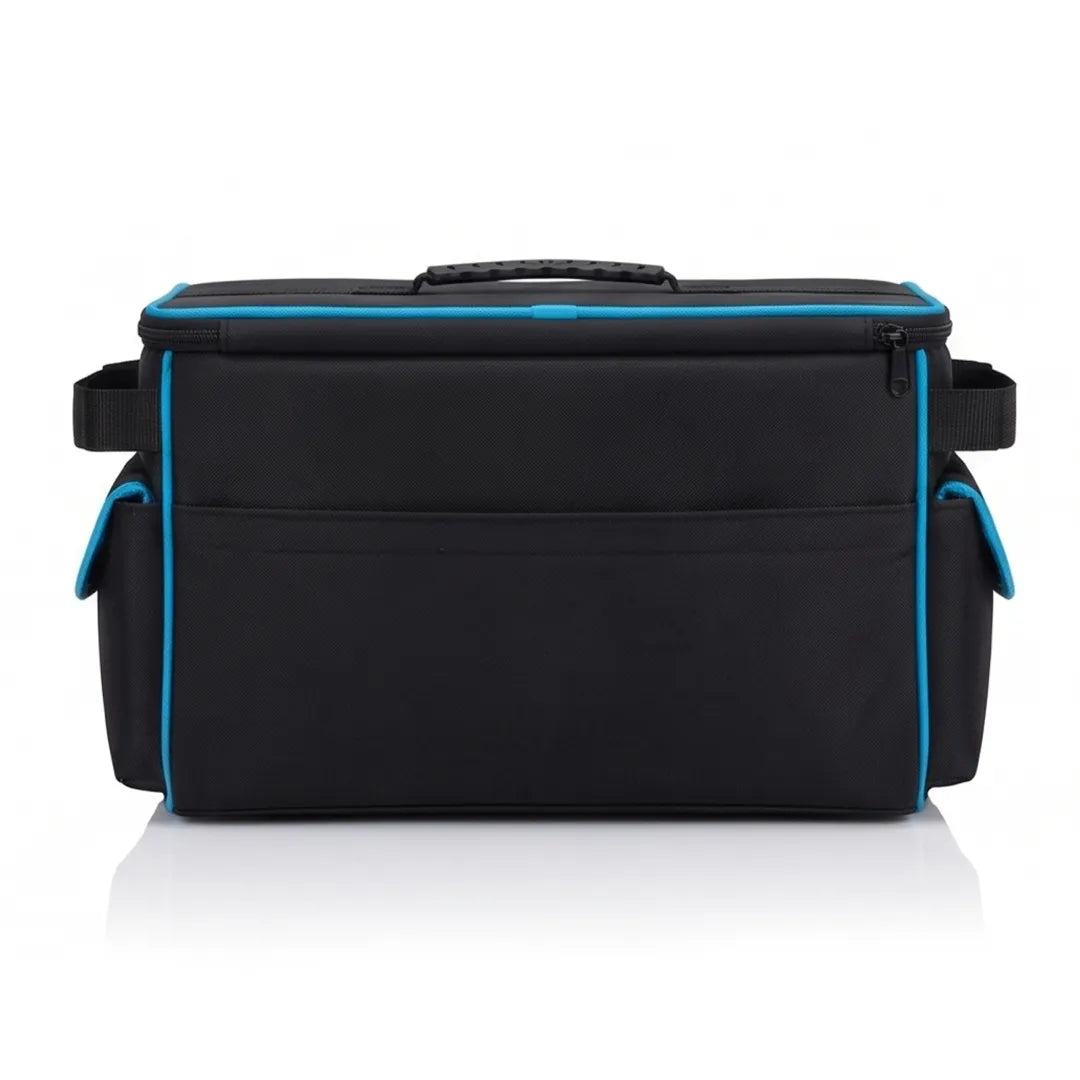 Cyclone gutter vacuum cart bag rear view in black with blue trim, side pockets and top carry handle