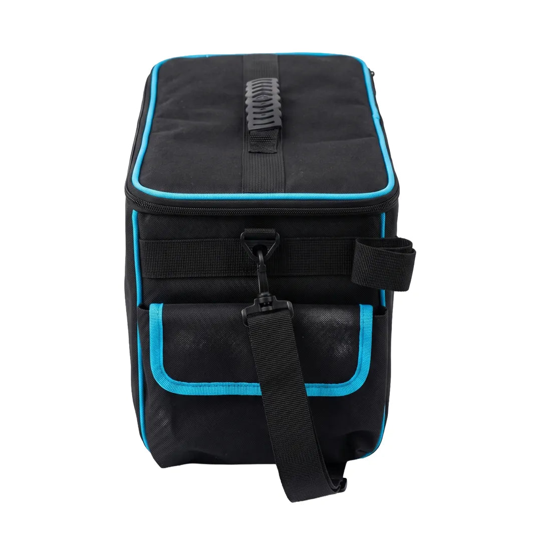 Cyclone gutter vacuum cart bag top view in black with blue trim, side pocket, handle and shoulder strap clip