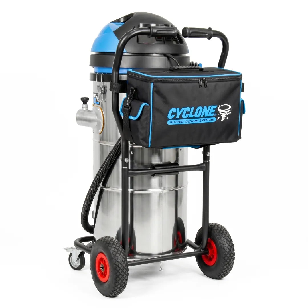 Cyclone Gutter Vacuum Systems cart bag mounted on a stainless gutter vacuum trolley with pneumatic wheels