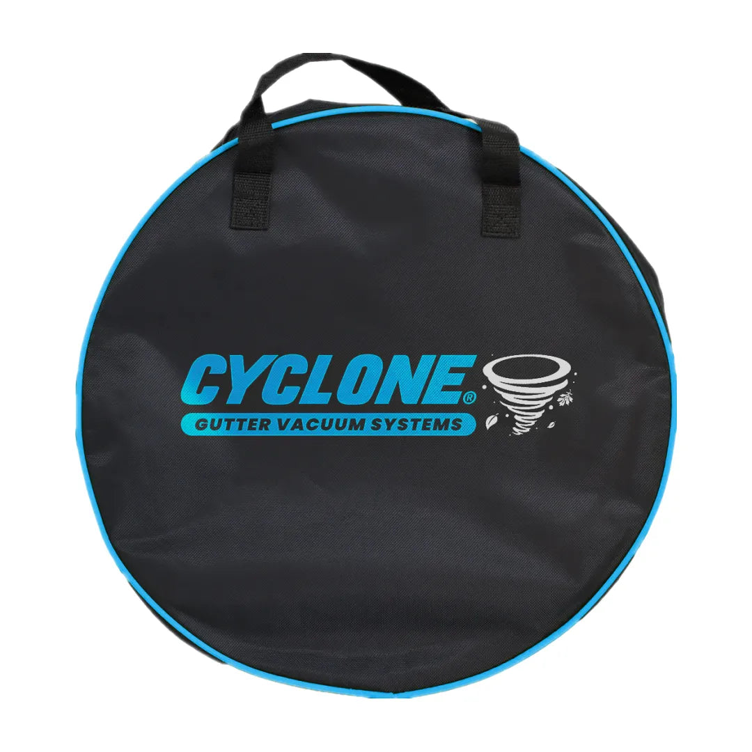 Round black Cyclone Gutter Vacuum Systems hose bag with blue trim and a carry handle