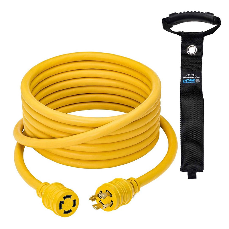 100-foot yellow NEMA 4-prong twist-lock extension cord with GutterProVac Cyclone cable strap