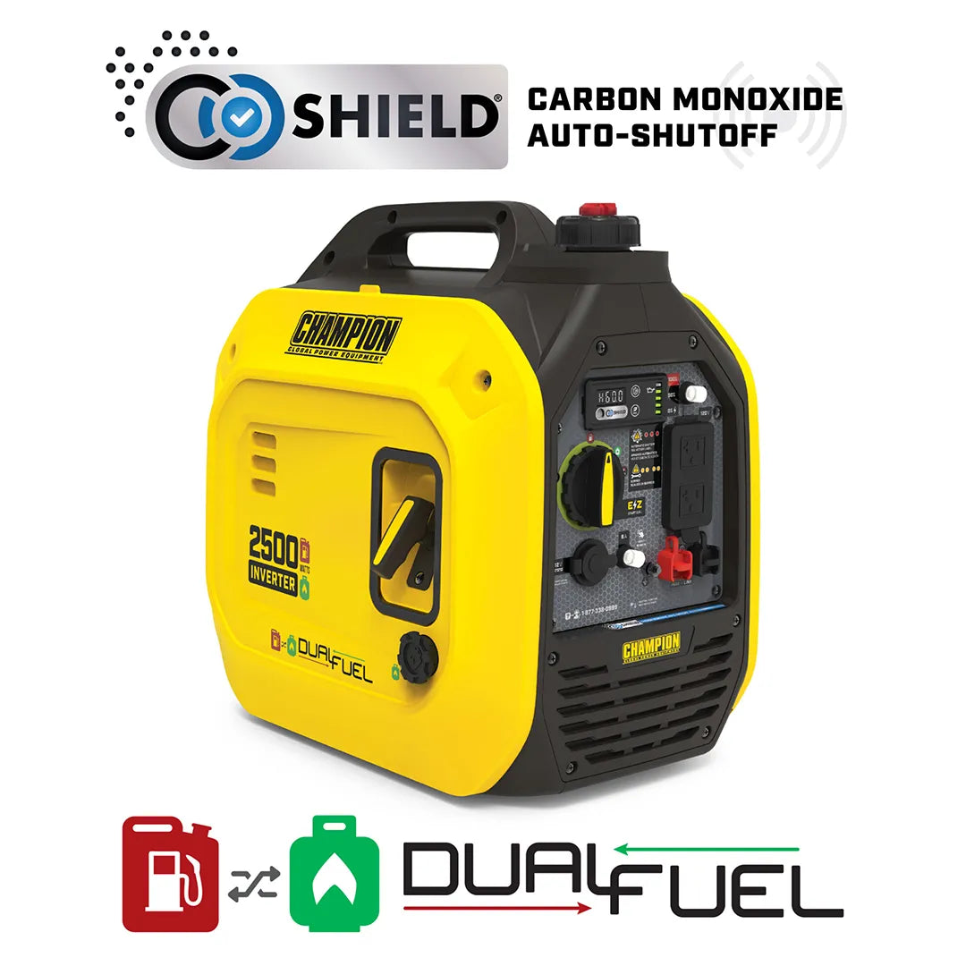 Angled front view of the 2500W Dual Fuel Inverter Generator with graphics highlighting CO Shield and Dual Fuel capabilities.