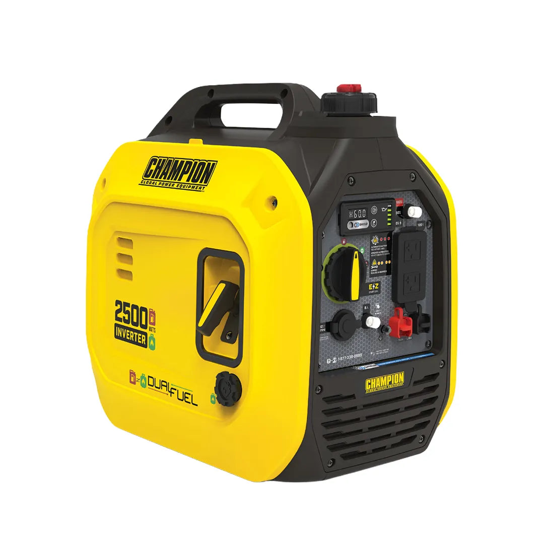 Three-quarter angled view of the yellow and black 2500W Dual Fuel Inverter Generator showing the pull cord and front panel.