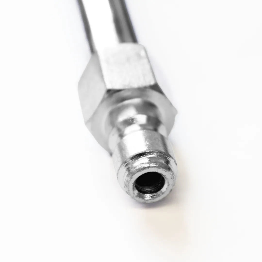 30" U-Bend Gutter Cleaning Attachment for Pressure Washers - 1/4" Quick Connect, close-up of the silver quick-connect plug and hex base