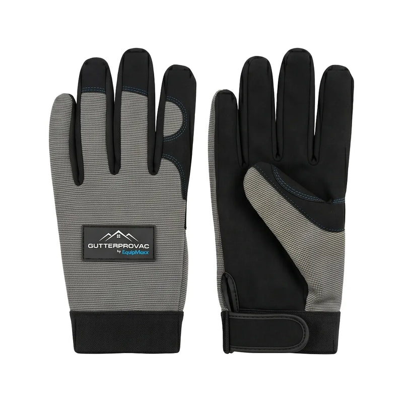 GutterProVac by EquipMaxx work gloves showing grey logo back and black reinforced palm with wrist strap
