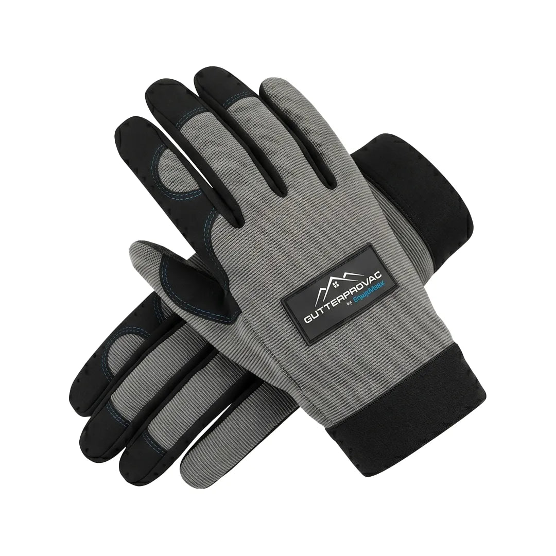 GutterProVac by EquipMaxx work gloves stacked showing grey textured back, logo patch and reinforced palm