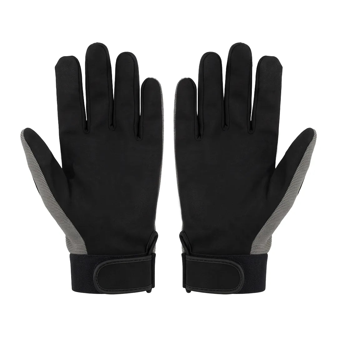 GutterProVac work gloves palm side in black with grey side panels and adjustable hook-and-loop wrist straps