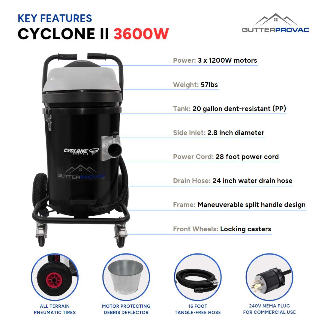 Cyclone II 3600W Polypropylene, 3 Motor, 20 Gallon Commercial Gutter Vacuum