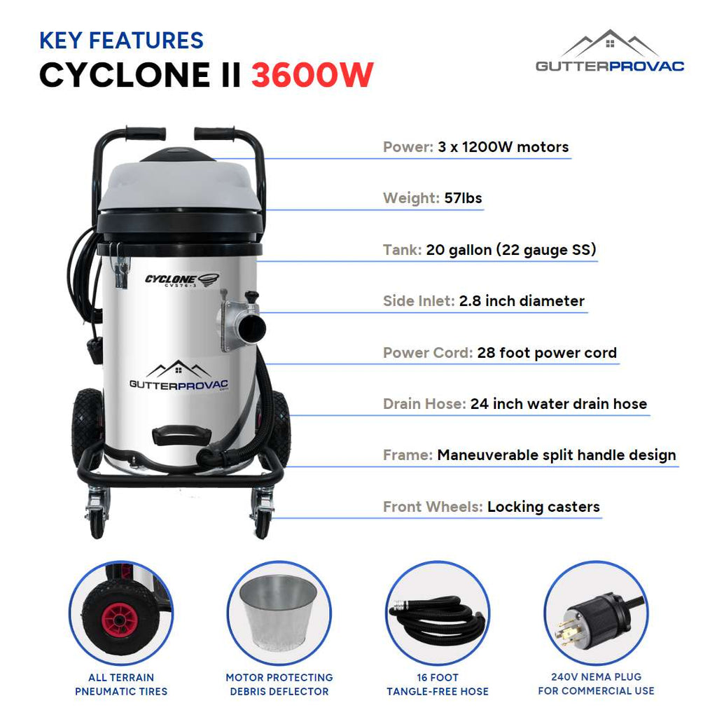 Cyclone 13 Inch Commercial Gutter Vacuum Cyclone II 3600W Stainless Steel 20 Gallon ...
