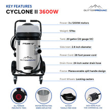 Cyclone II 3600W Stainless Steel 20 Gallon Tank Commercial Gutter Vacuum