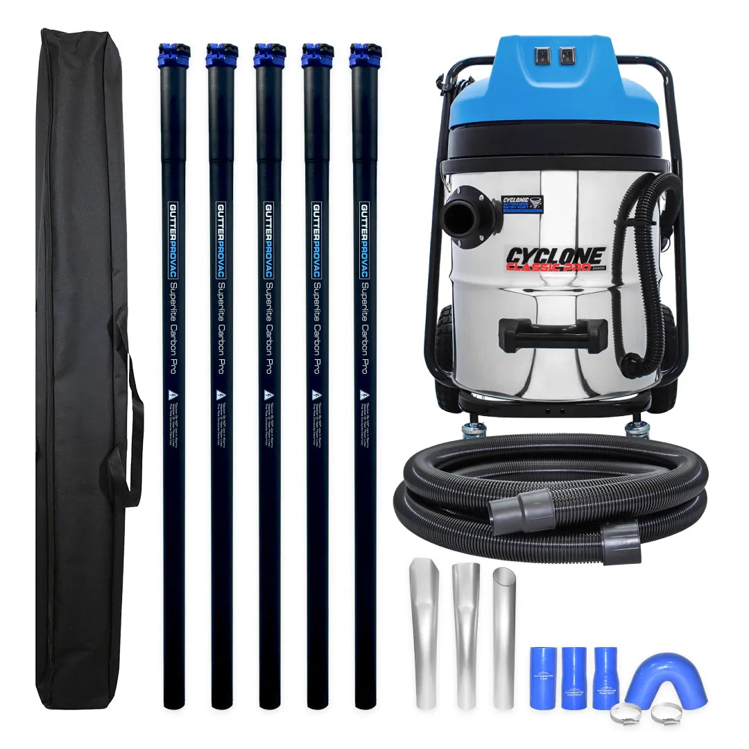 Cyclone Classic Pro 16 Gallon 2400W Gutter Vacuum with 20ft Carbon Clamping Poles and Pole Bag for Residential Cleaning