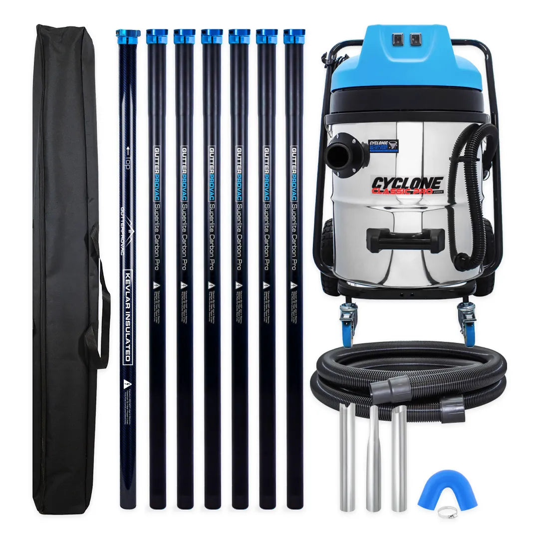 Cyclone Classic Pro 2400W 16 gallon residential gutter vacuum kit with seven carbon clamping poles, carry bag, hose, nozzles and U-bend