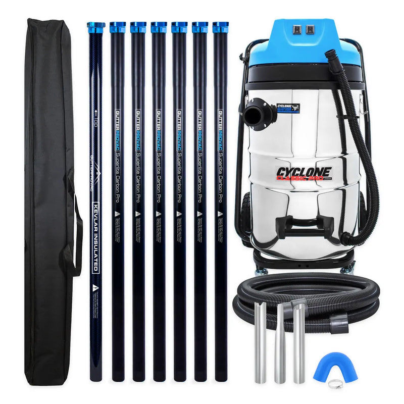 Cyclone Classic Pro 2000W 20 gallon residential gutter vacuum kit with seven carbon clamping poles, carry bag, hose, nozzles and U-bend