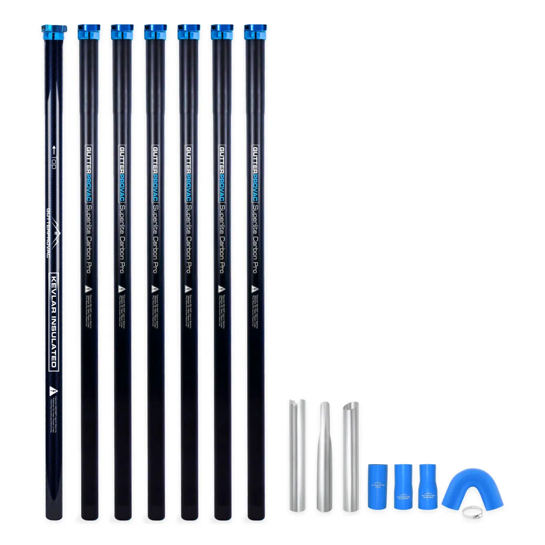 28ft carbon fiber clamping gutter pole kit, seven poles with one Kevlar® insulated bottom pole, aluminum nozzles and blue silicone couplers