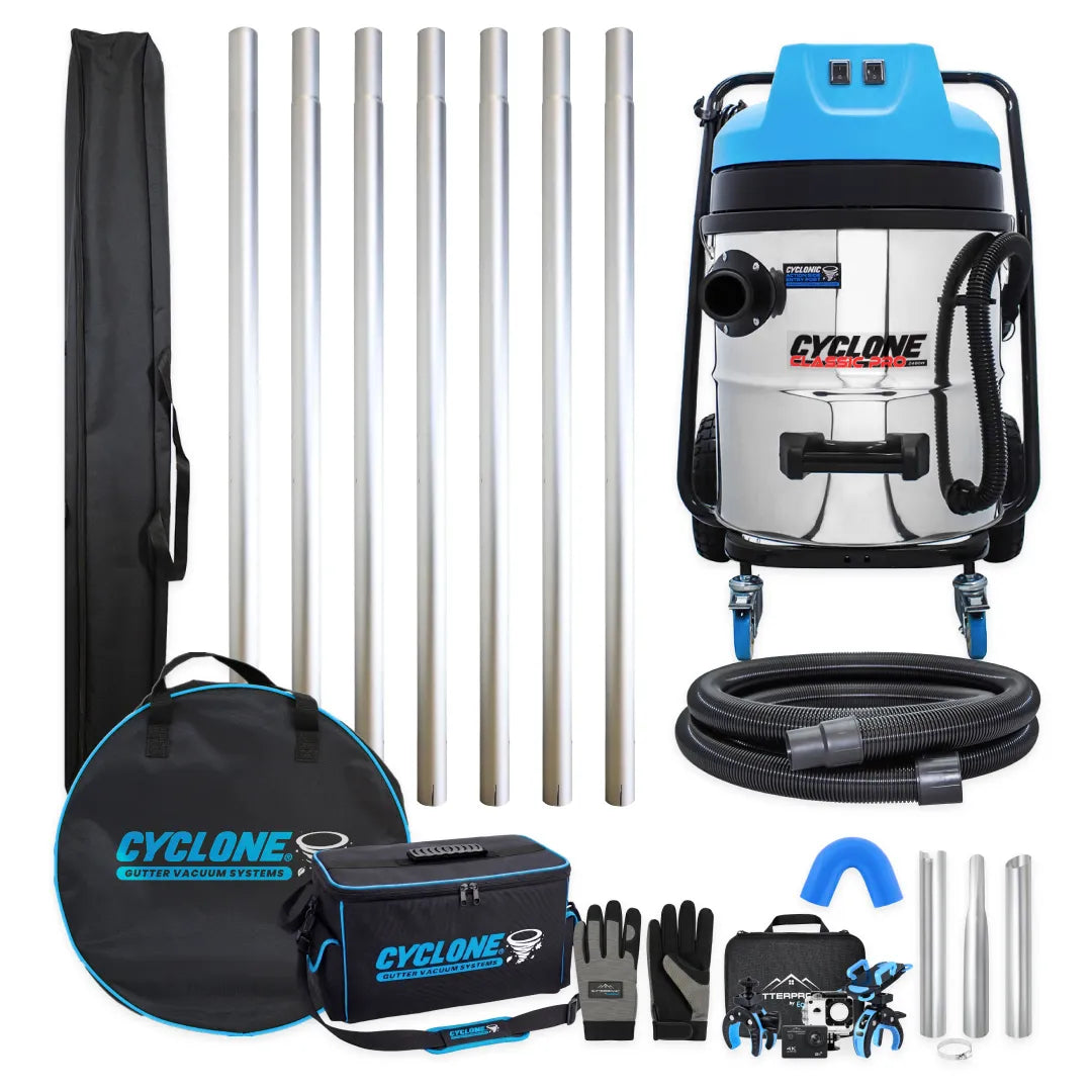 Cyclone CCP60-2 Gold Standard gutter vacuum bundle, stainless Classic Pro vacuum with seven aluminum poles, bags, hose, nozzles, gloves and camera kit