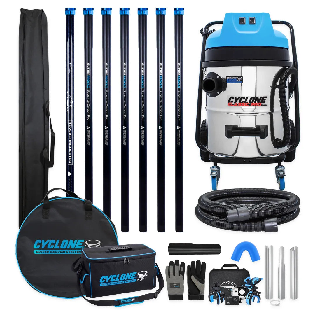 Gold Standard Residential Gutter Vac Package with 16gal Cyclone Classic Pro 2200W stainless steel vacuum, 28ft carbon poles, hose, camera and bags
