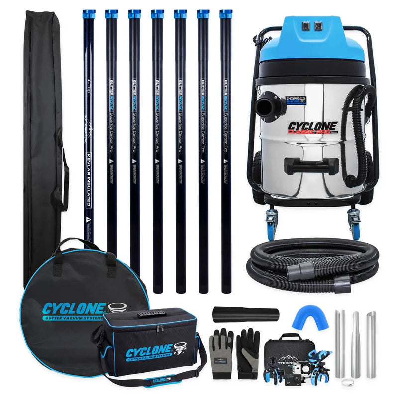 Gold Standard Residential Gutter Vac Package with 16gal Cyclone Classic Pro 2200W stainless steel vacuum, 28ft carbon poles, hose, camera and bags