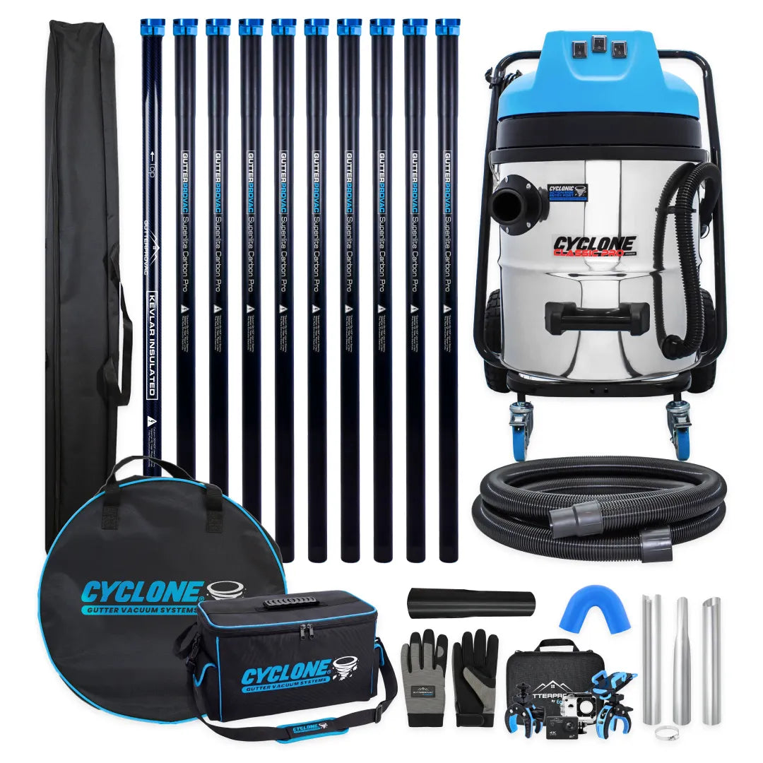 Gold Standard Commercial Gutter Vac Package with 16gal Cyclone Classic Pro 3600W vacuum, 40ft carbon poles, hose, inspection camera, bags and gloves