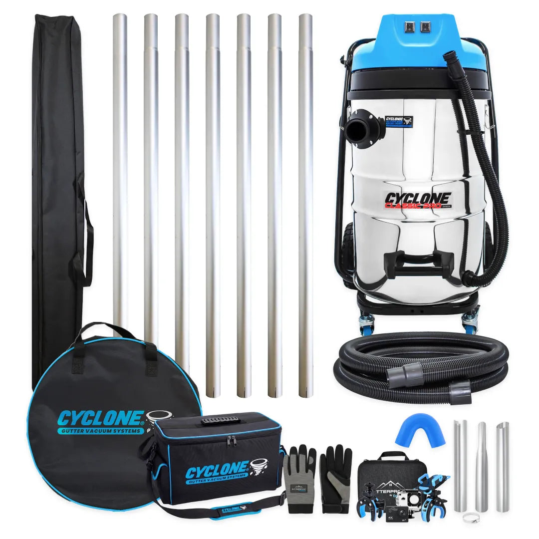 Cyclone CCP80-2 Gold Standard gutter vacuum bundle, tall Classic Pro vacuum with seven aluminum poles, bags, hose, nozzles, gloves and camera kit
