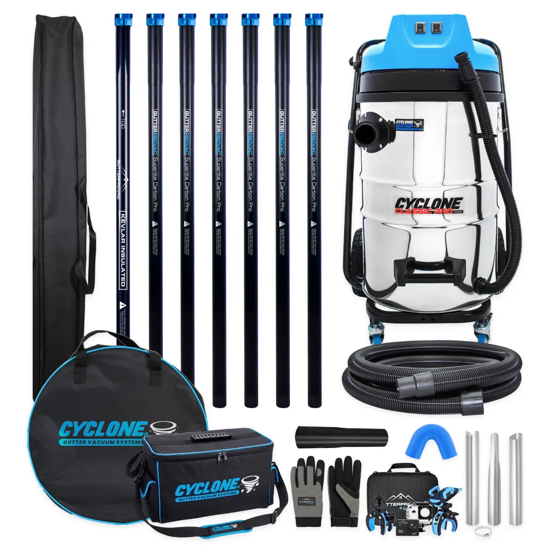 Gold Standard Residential Gutter Vac Package with 20gal Cyclone Classic Pro 2200W stainless steel vacuum, 28ft carbon poles, hose, camera and bags