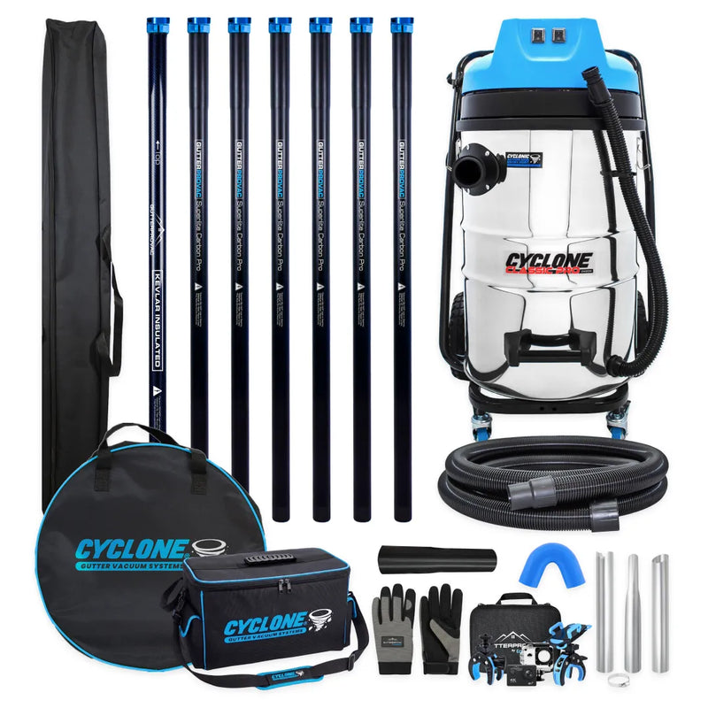 Gold Standard Residential Gutter Vac Package with 20gal Cyclone Classic Pro 2200W stainless steel vacuum, 28ft carbon poles, hose, camera and bags