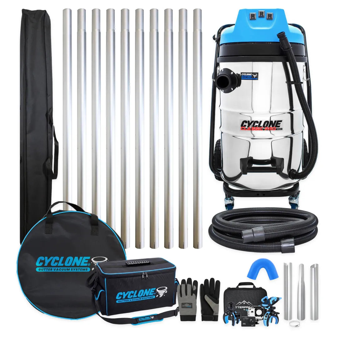 Cyclone CCP80-3 Gold Standard gutter vacuum bundle, tall Classic Pro vacuum with ten aluminum poles, bags, hose, nozzles, gloves and camera kit