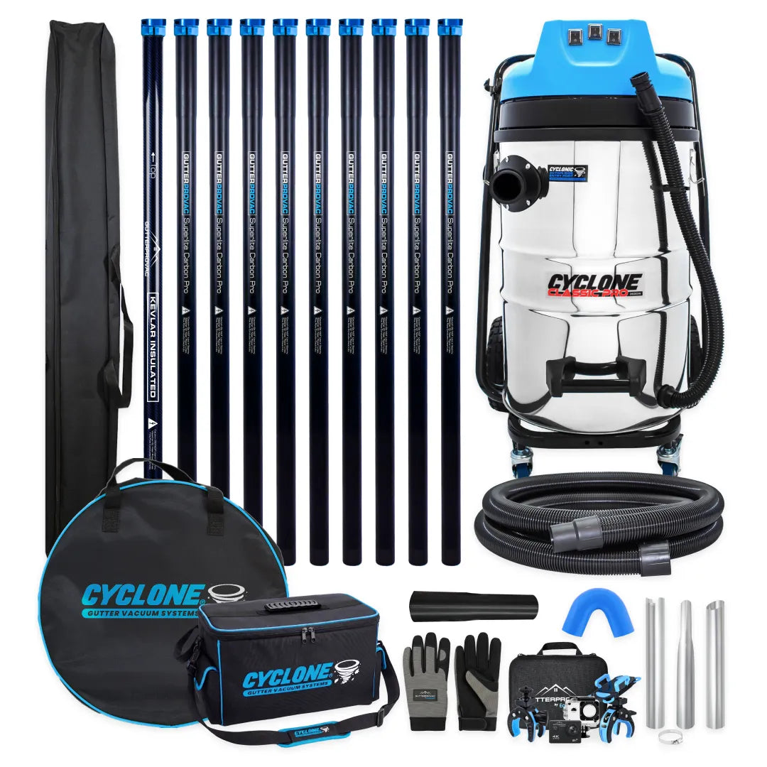 Gold Standard Commercial Gutter Vac Package with 20gal Cyclone Classic Pro 3600W vacuum, 40ft carbon poles, hose, inspection camera, bags and gloves