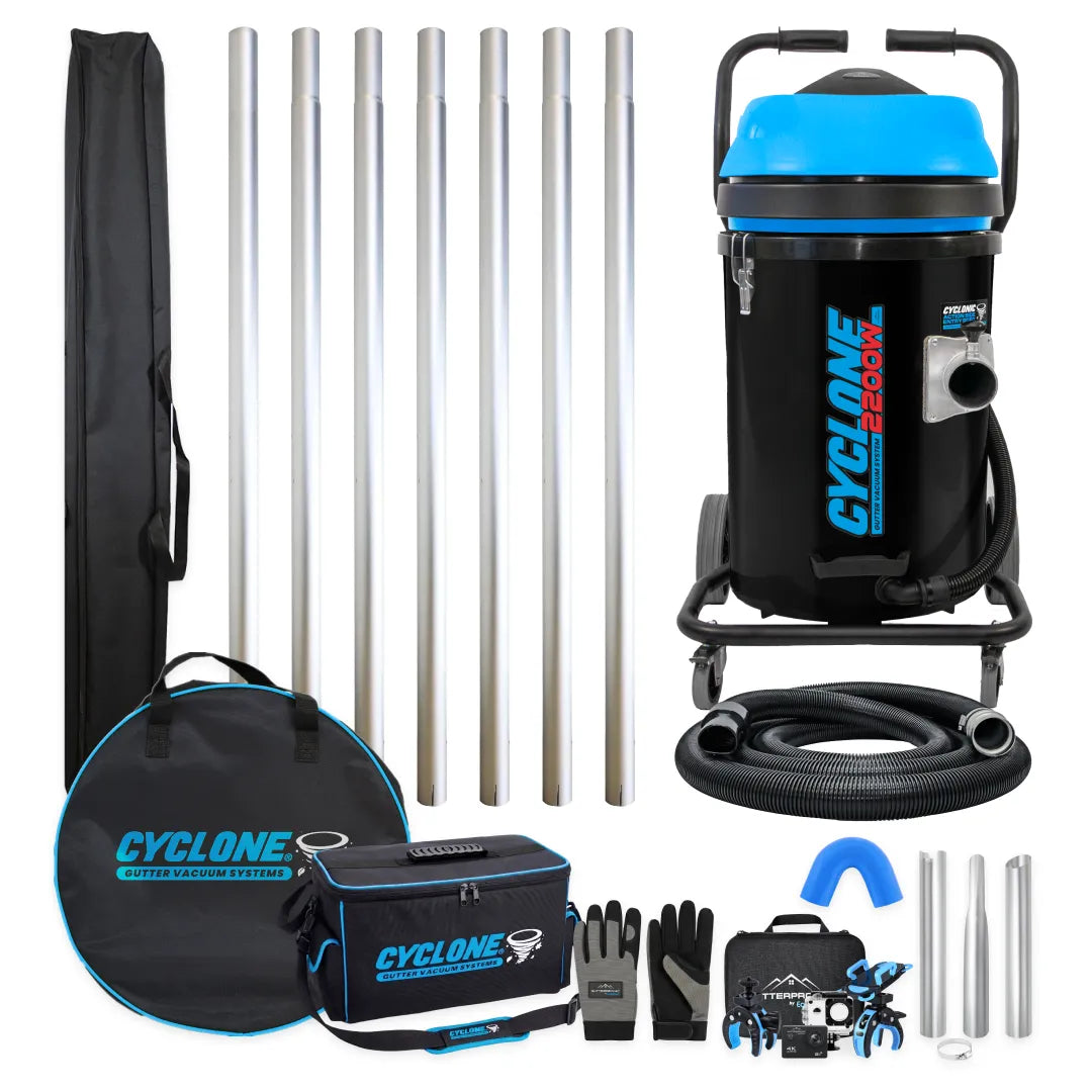 Cyclone CVP76-2 Gold Standard gutter vacuum bundle, black 2200W vacuum with seven aluminum poles, bags, hose, nozzles, gloves and camera kit