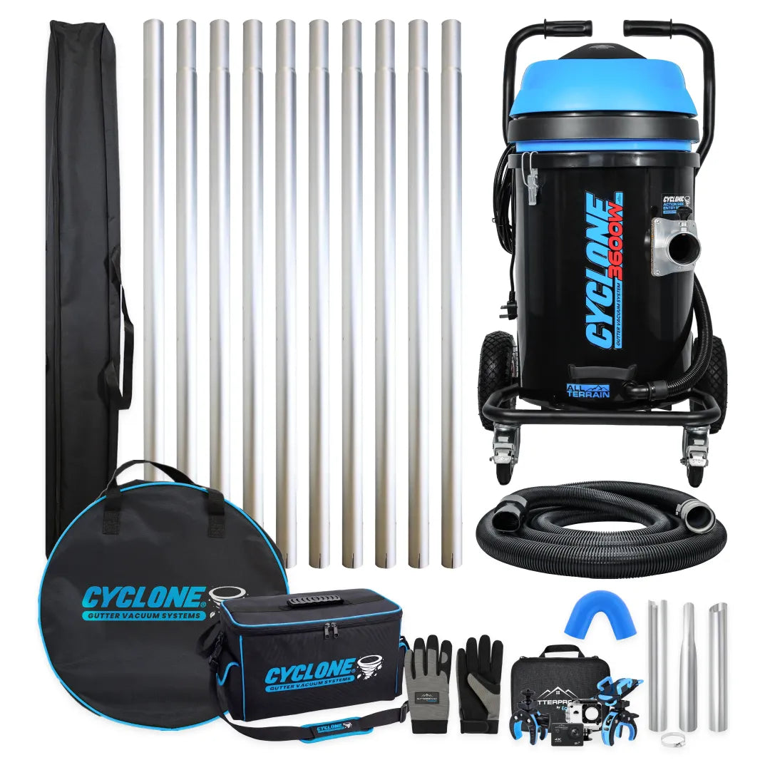 Cyclone CVP76-3 Gold Standard gutter vacuum bundle, black 3600W All Terrain vacuum with ten aluminum poles, bags, hose, nozzles, gloves and camera kit