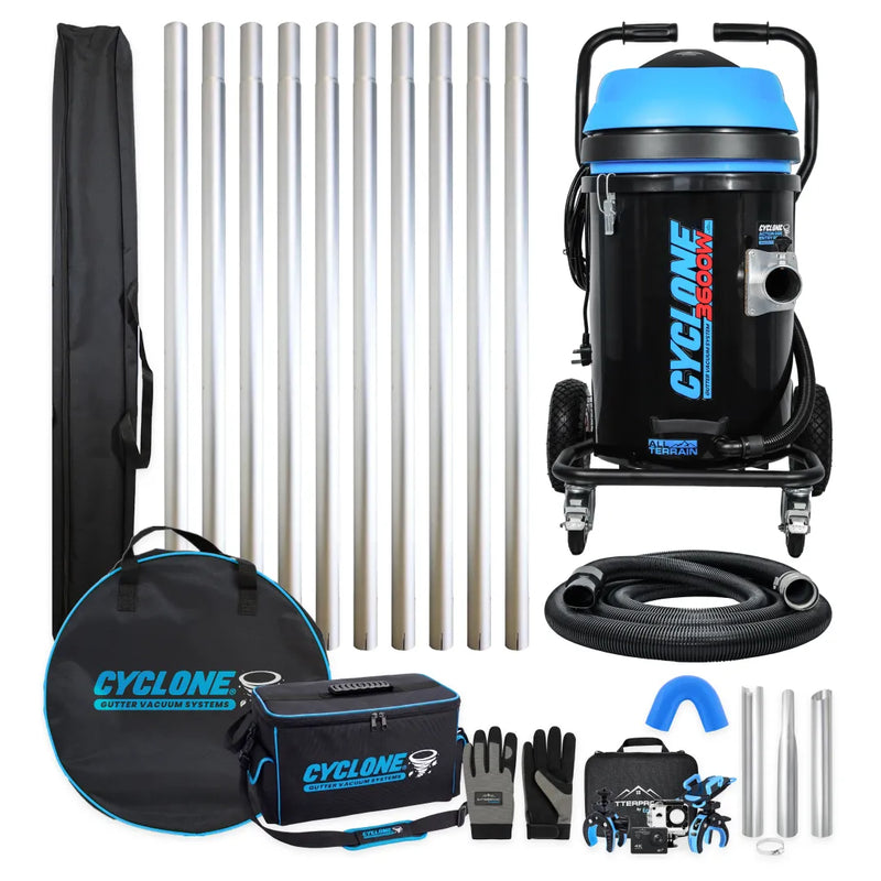 Cyclone CVP76-3 Gold Standard gutter vacuum bundle, black 3600W All Terrain vacuum with ten aluminum poles, bags, hose, nozzles, gloves and camera kit