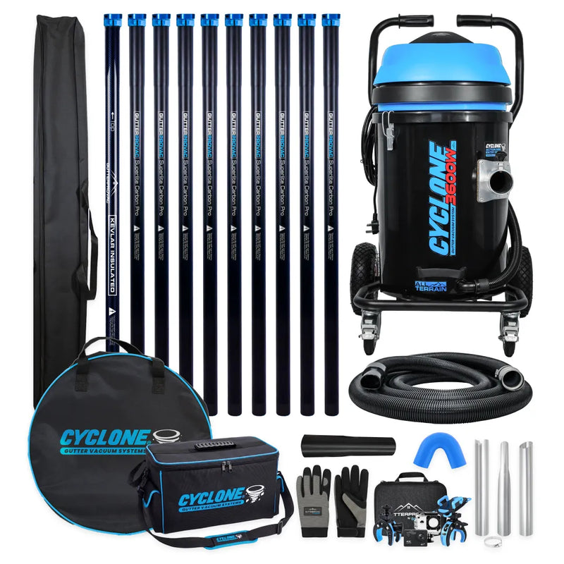 Gold Standard Commercial Gutter Vac Package with 20gal Cyclone II 3600W polypropylene vacuum, 40ft carbon poles, hose, inspection camera and bags