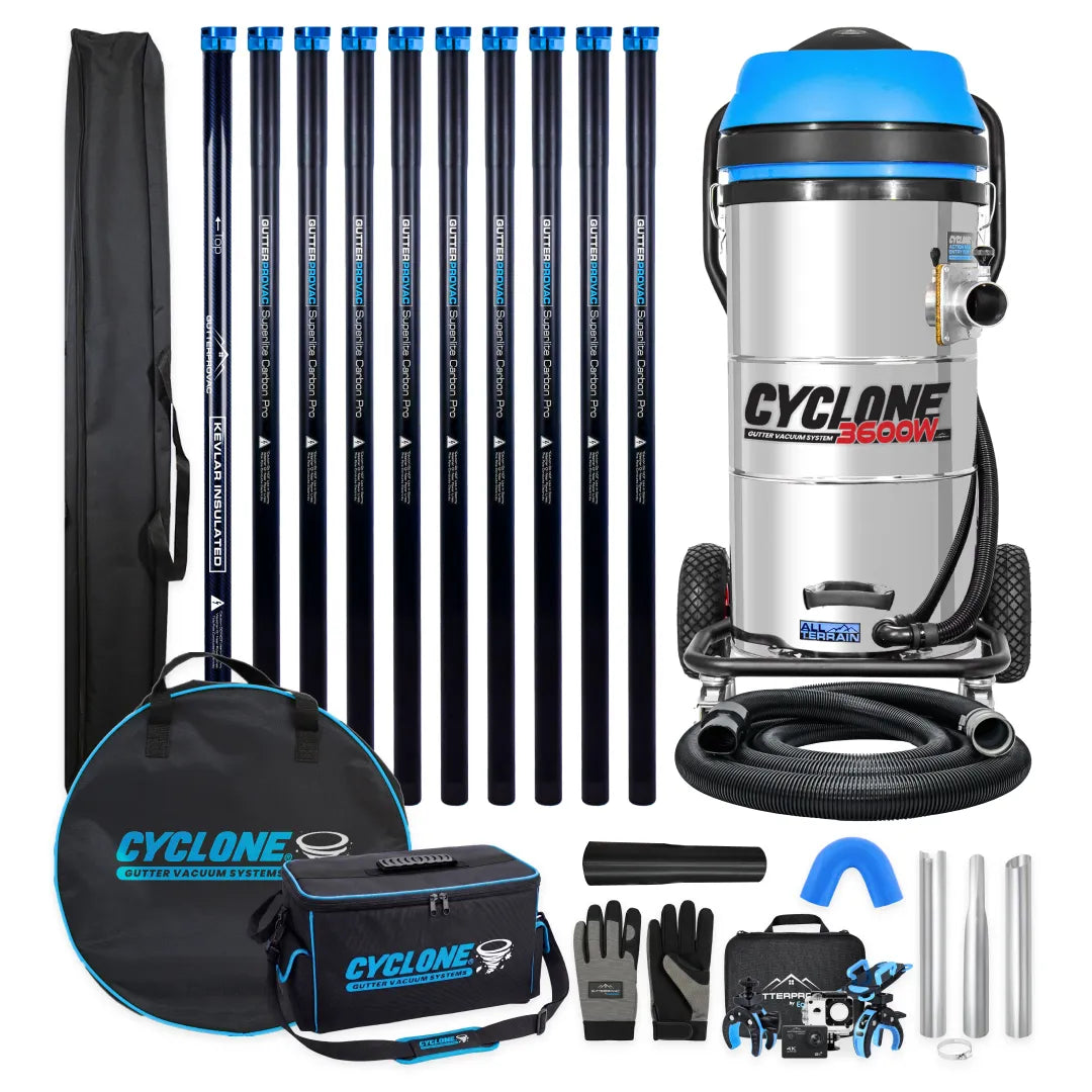 Gold Standard Commercial Gutter Vac Package with 27gal Cyclone II 3600W stainless steel vacuum, 40ft carbon poles, hose, inspection camera and bags