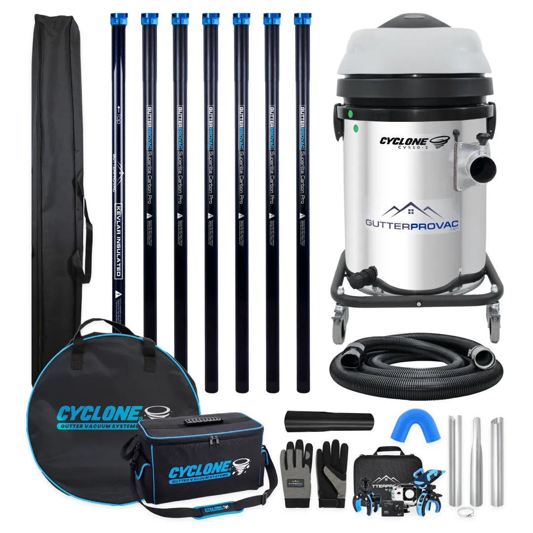 Gold Standard Residential Gutter Vac Package with 13gal Cyclone I 2200W stainless steel vacuum, 28ft carbon poles, hose, inspection camera and bags