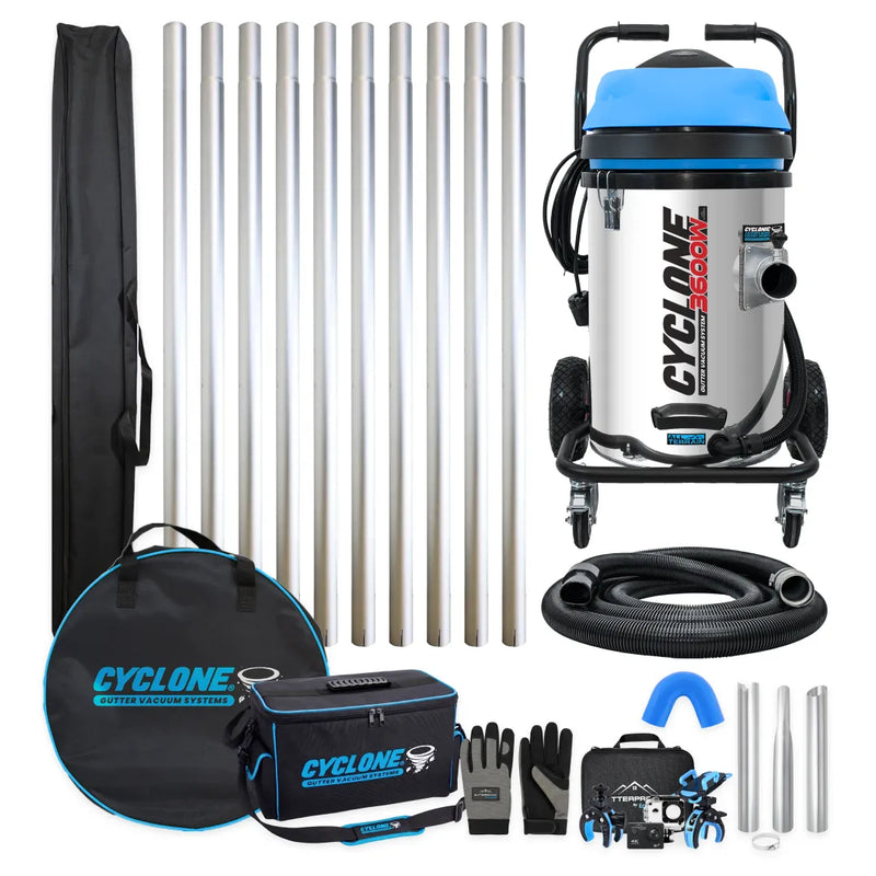 Cyclone CVS76-3 Gold Standard gutter vacuum bundle, stainless 3600W vacuum, blue lid, ten aluminum poles, bags, hose, nozzles, gloves and camera kit