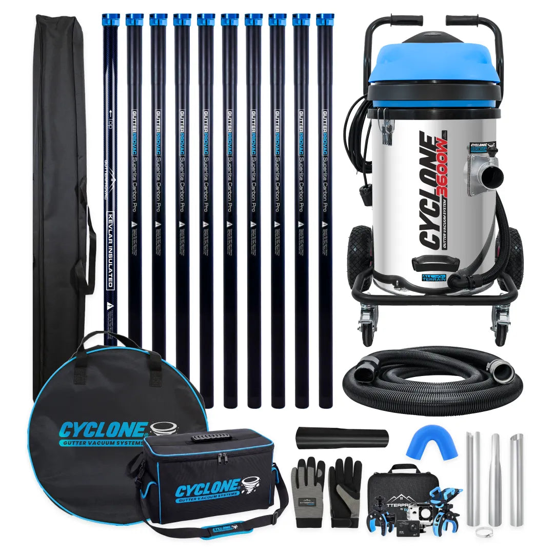 Gold Standard Commercial Gutter Vac Package with 20gal Cyclone II 3600W vacuum, 40ft carbon poles, hose, inspection camera, bags and gloves